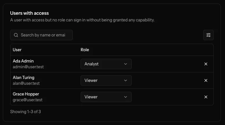 Users with access: Ada Admin has the Analyst role, while Alan Turing and Grace Hopper have Viewer access.